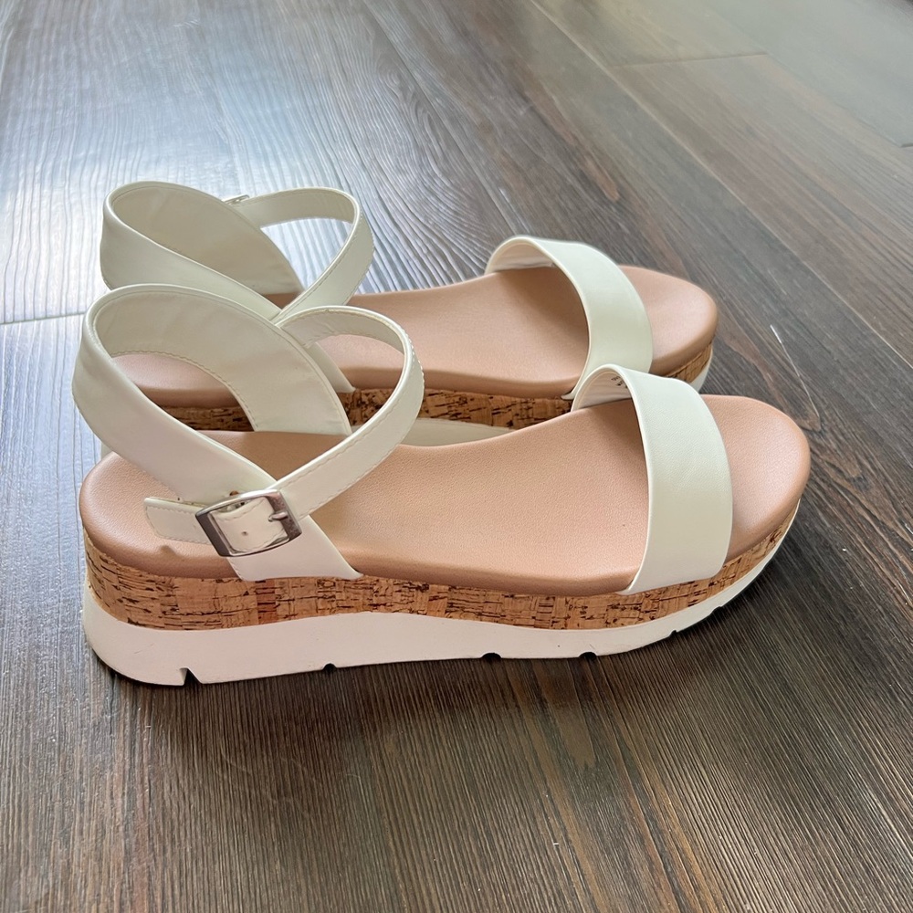 Women's White Sandals with Cork Wedge